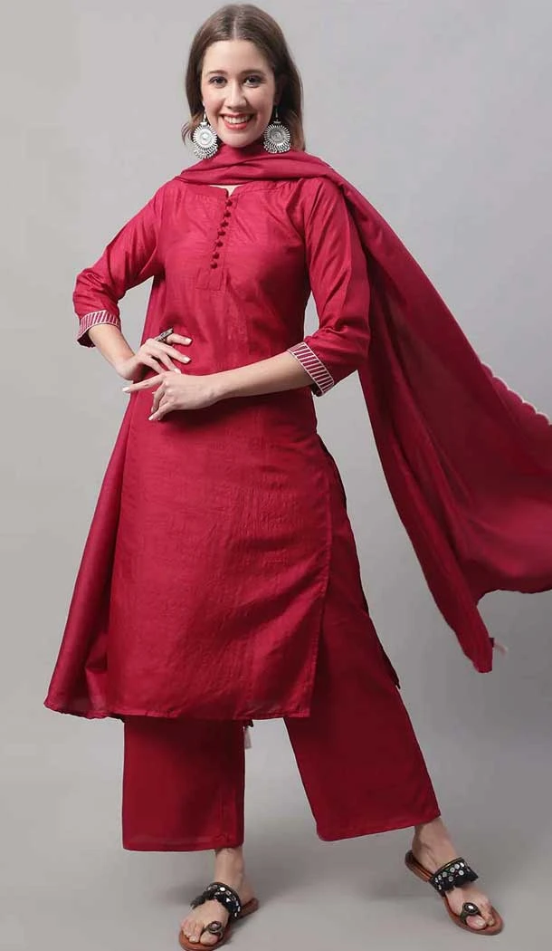 Cherry Red Silk Blend Plain Work Party Wear Palazzo Salwar Suit - 10960197557
