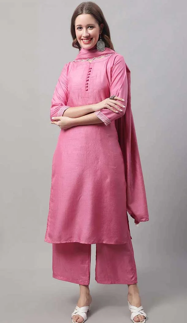 Pink Silk Blend Plain Work Party Wear Palazzo Salwar Suit - 10960197558