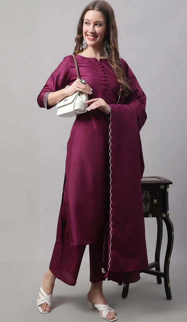 Purple Silk Blend Plain Work Party Wear Palazzo Salwar Suit - 10960197559