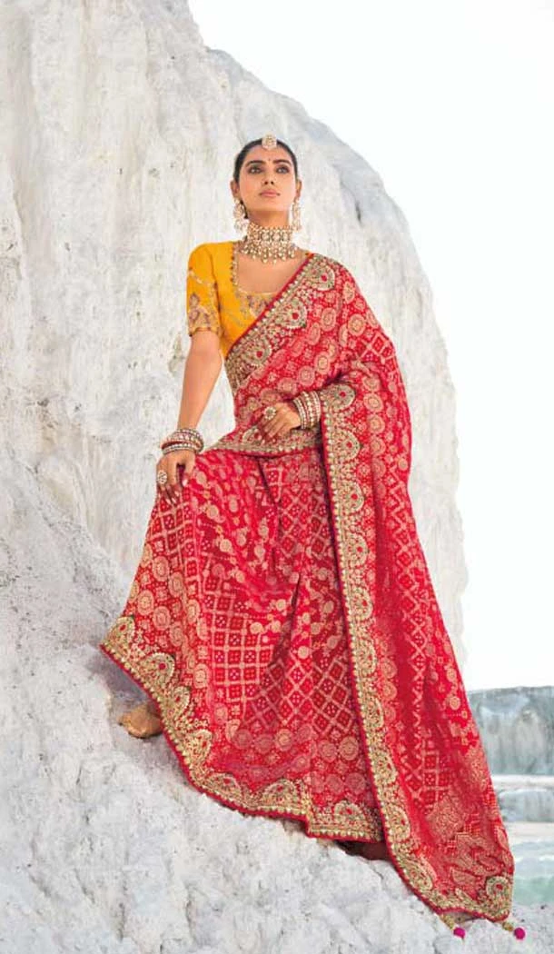 Georgette Bandhej Wedding Wear Saree In Red - 10972197657