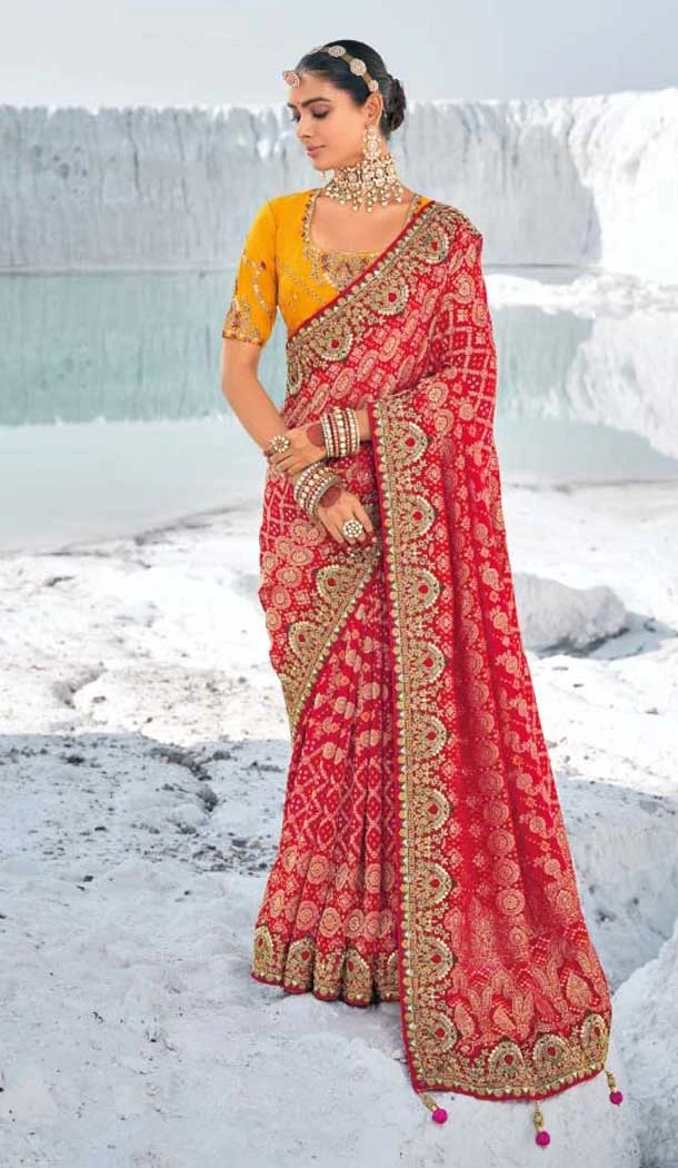 Georgette Bandhej Wedding Wear Saree In Red - 10972197657