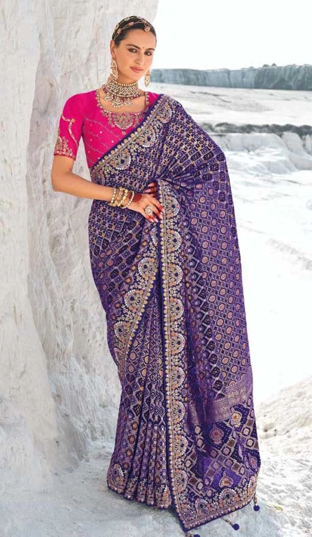 Georgette Bandhej Wedding Wear Saree In Purple - 10972197658