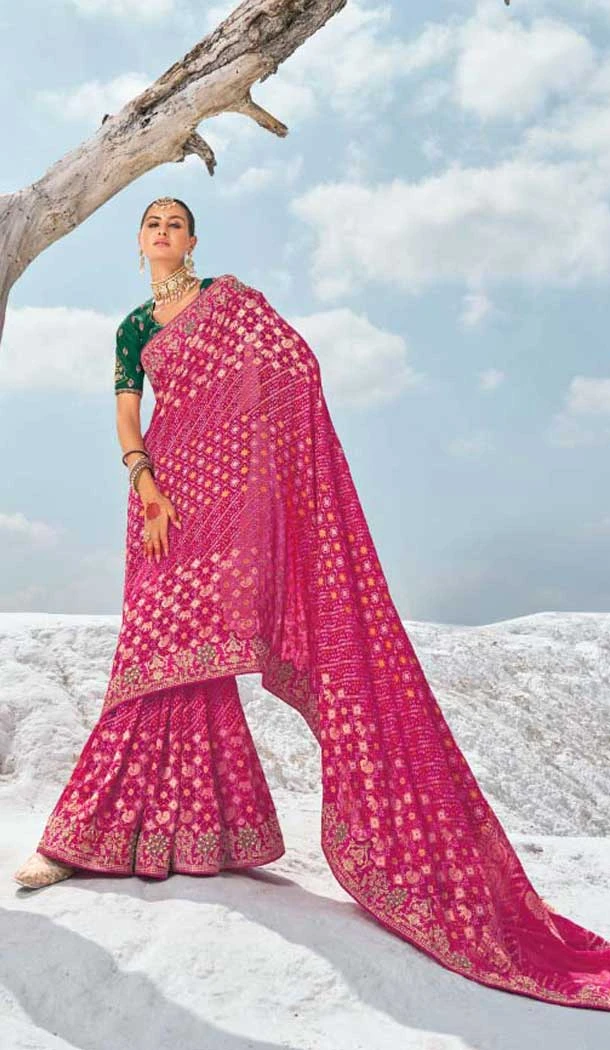 Georgette Bandhej Wedding Wear Saree In Rani Pink - 10972197659