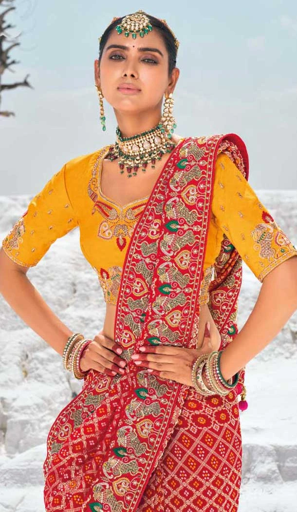 Red Georgette Bandhej Wedding Wear Saree - 10972197660