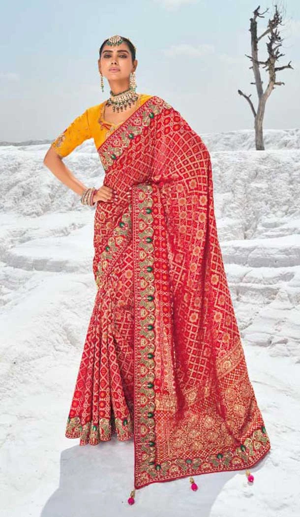 Red Georgette Bandhej Wedding Wear Saree - 10972197660