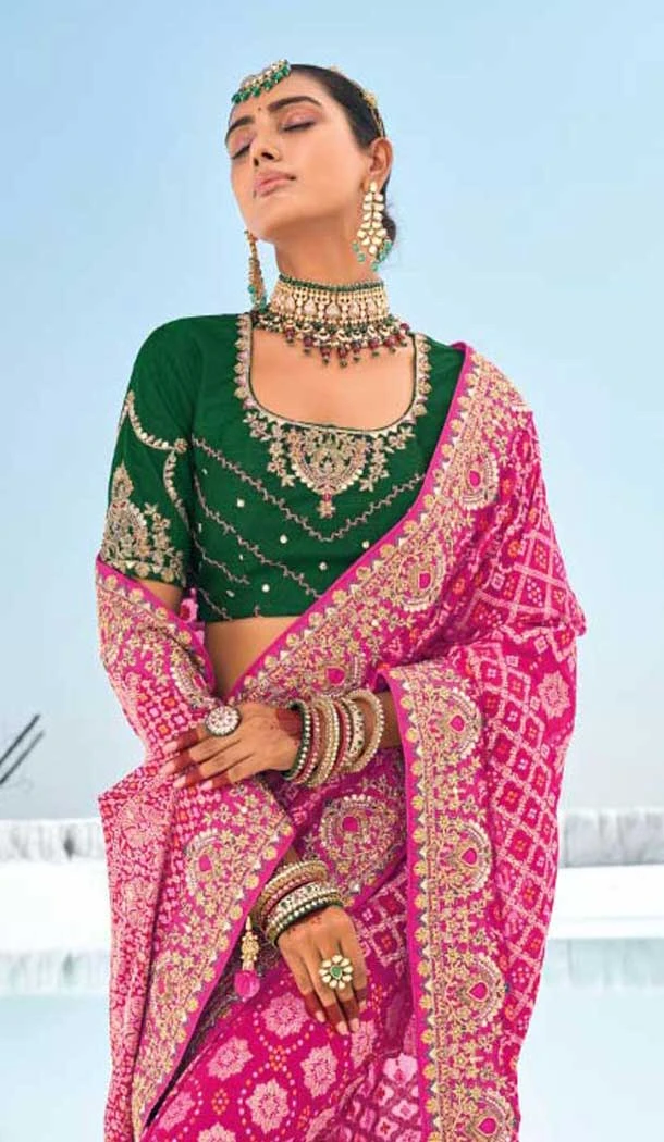 Rani Pink Georgette Bandhej Wedding Wear Saree - 10972197661