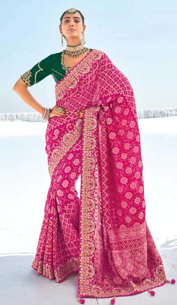 Rani Pink Georgette Bandhej Wedding Wear Saree - 10972197661