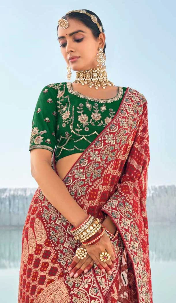 Georgette Bandhej Wedding Wear Saree In Maroon - 10972197662