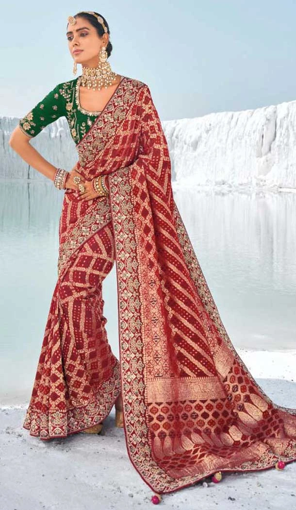 Georgette Bandhej Wedding Wear Saree In Maroon - 10972197662