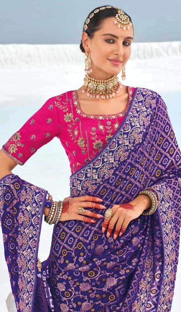 Purple Georgette Bandhej Wedding Wear Saree - 10972197663