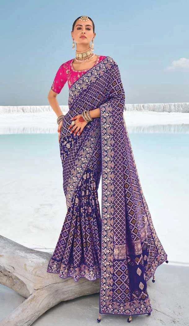 Purple Georgette Bandhej Wedding Wear Saree - 10972197663