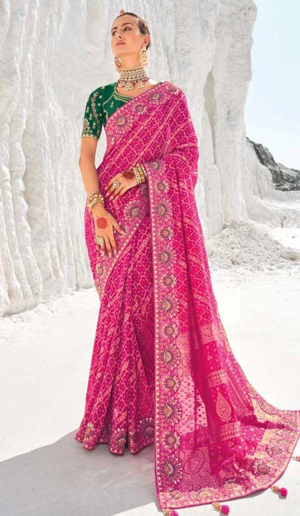Rani Pink Georgette Bandhej Wedding Wear Saree  - 10972197664