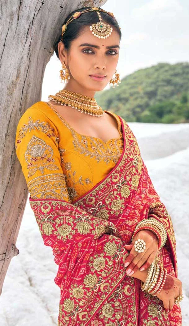 Georgette Embroidered Wedding Wear Saree In Red - 10972197665