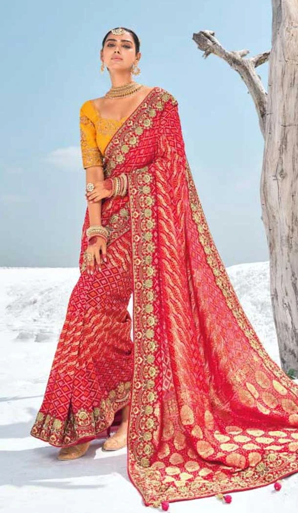 Georgette Embroidered Wedding Wear Saree In Red - 10972197665