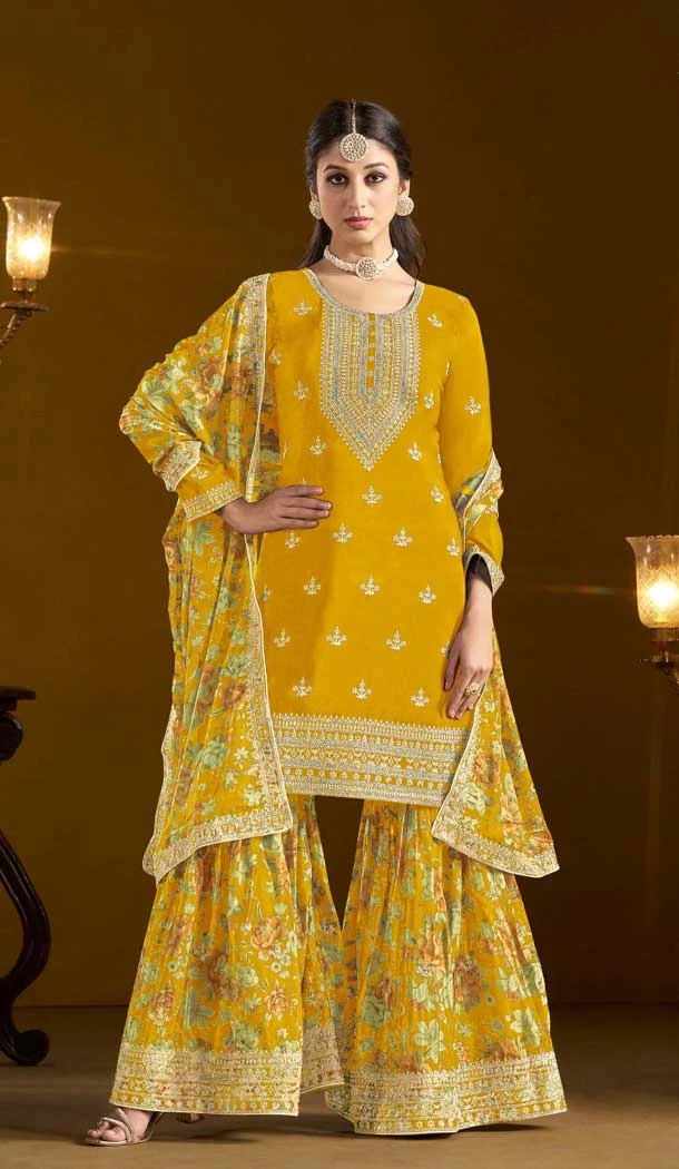 Chinon Sequins Work Pakistani Style Sharara Suit In Yellow - 10975197677