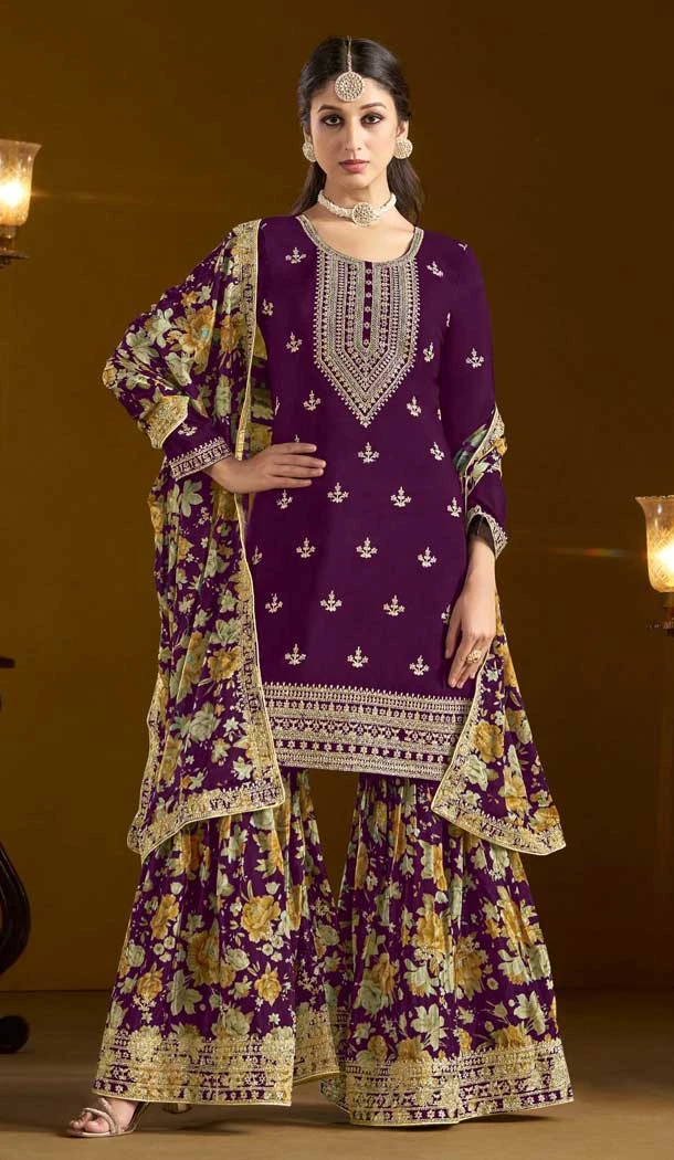 Chinon Sequins Work Pakistani Style Sharara Suit In Purple - 10975197678