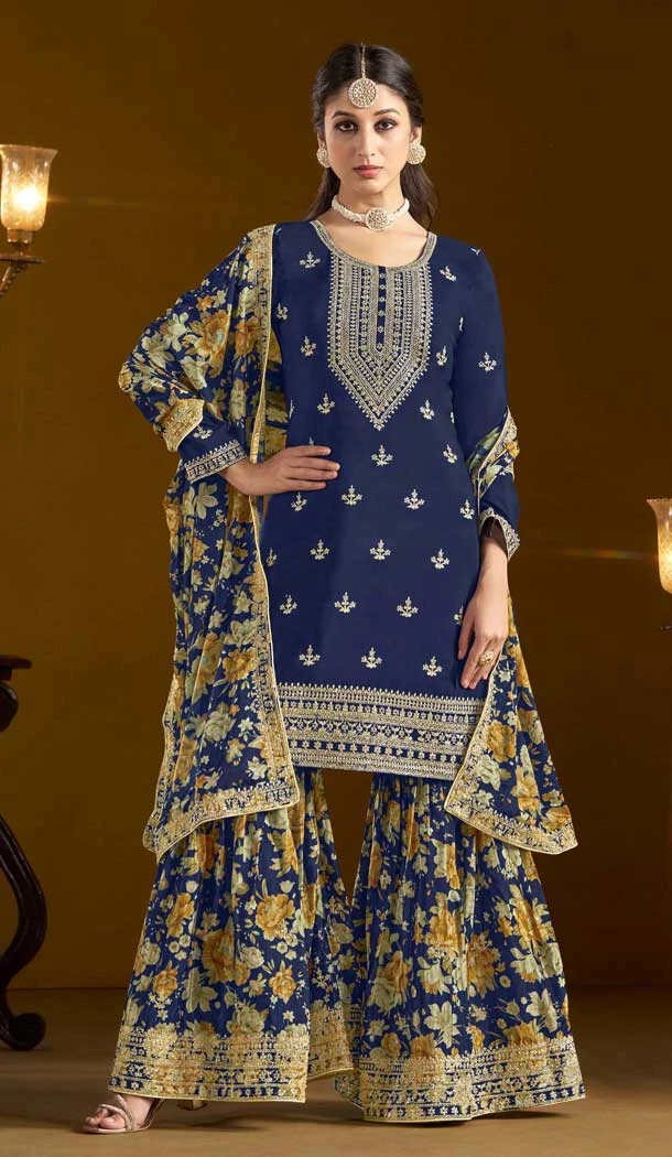 Chinon Sequins Work Pakistani Style Sharara Suit In Navy Blue - 10975197679
