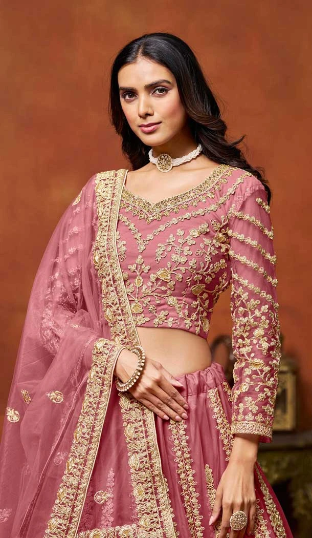 Pink Net Zari Work Wedding Wear Designer Lehenga Choli - 10989197800