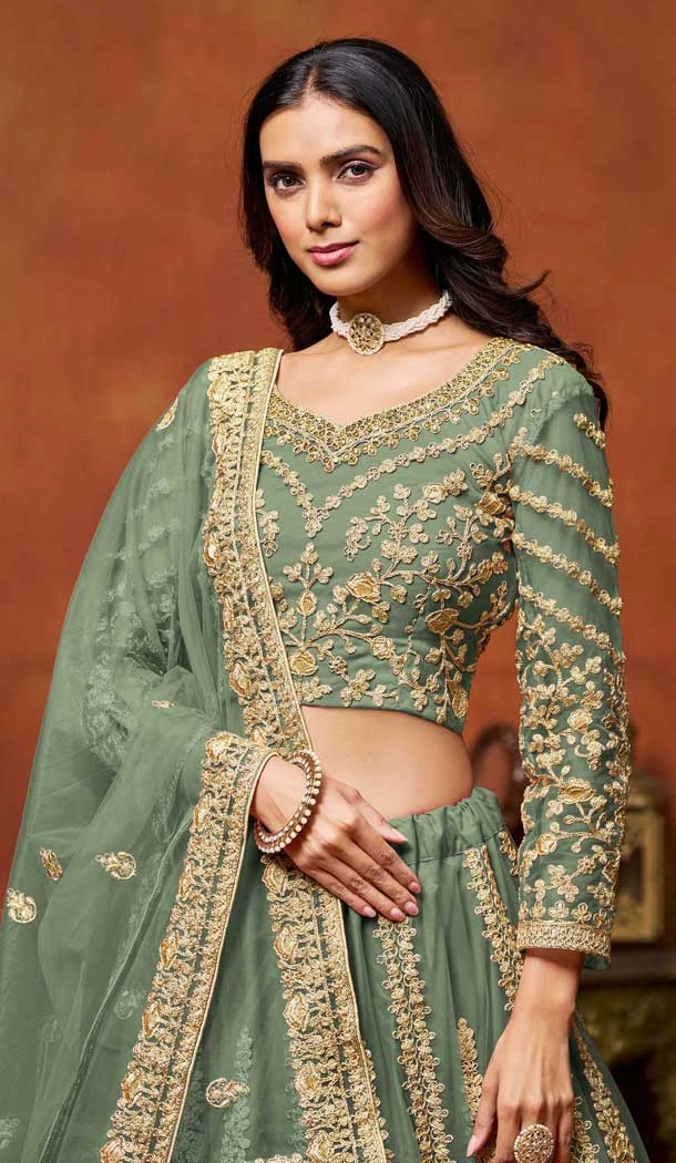 Sea Green Net Zari Work Wedding Wear Designer Lehenga Choli - 10989197801