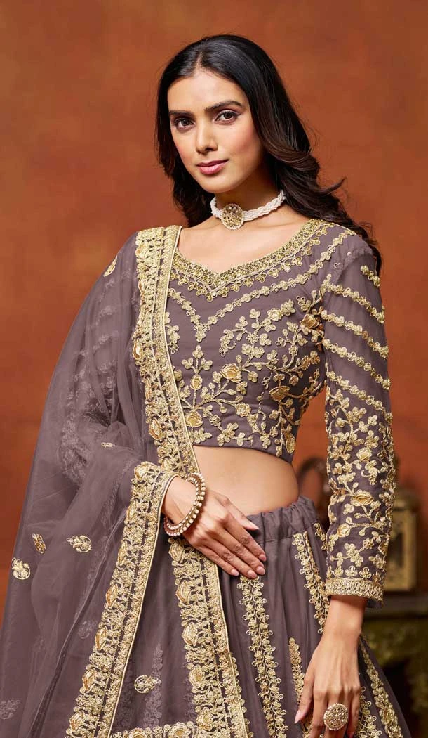 Lavender Net Zari Work Wedding Wear Designer Lehenga Choli - 10989197802