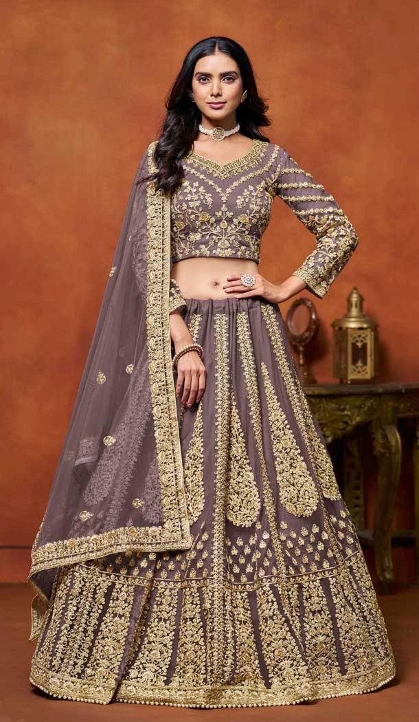 Lavender Net Zari Work Wedding Wear Designer Lehenga Choli - 10989197802