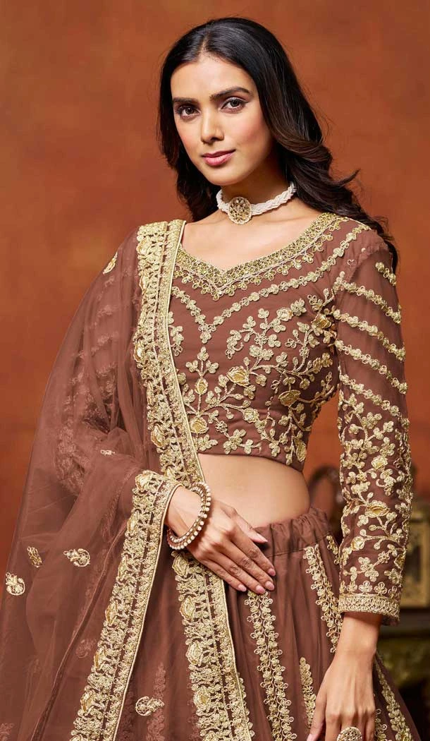 Brown Net Zari Work Wedding Wear Designer Lehenga Choli - 10989197803