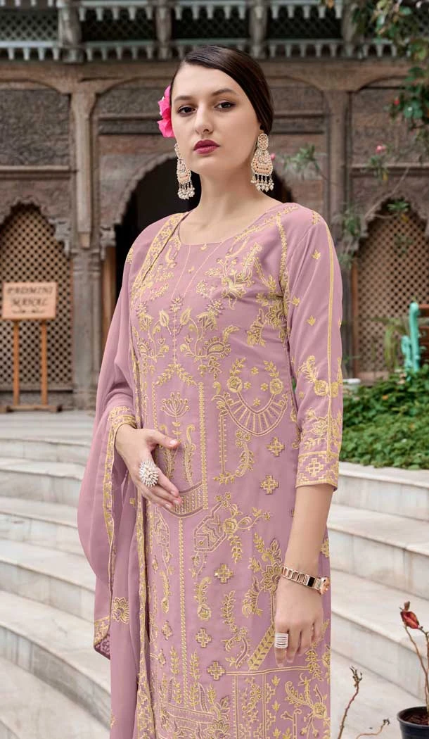 Georgette Embroidered Party Wear Salwar Suit In Lavender - 11073198600