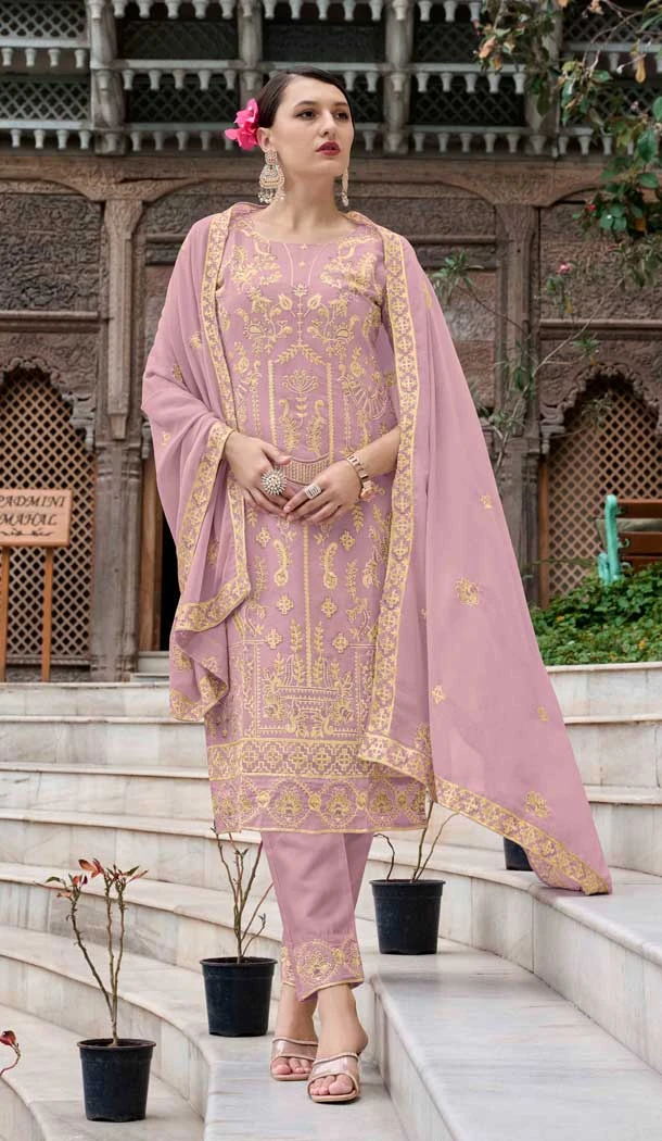 Georgette Embroidered Party Wear Salwar Suit In Lavender - 11073198600