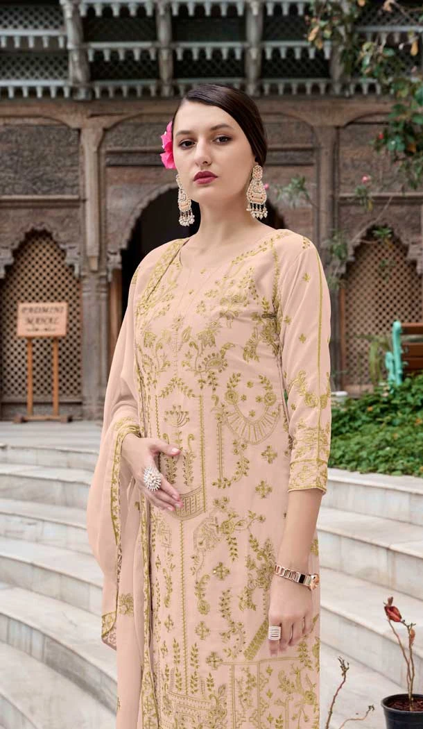 Georgette Embroidered Party Wear Salwar Suit In Peach - 11073198601