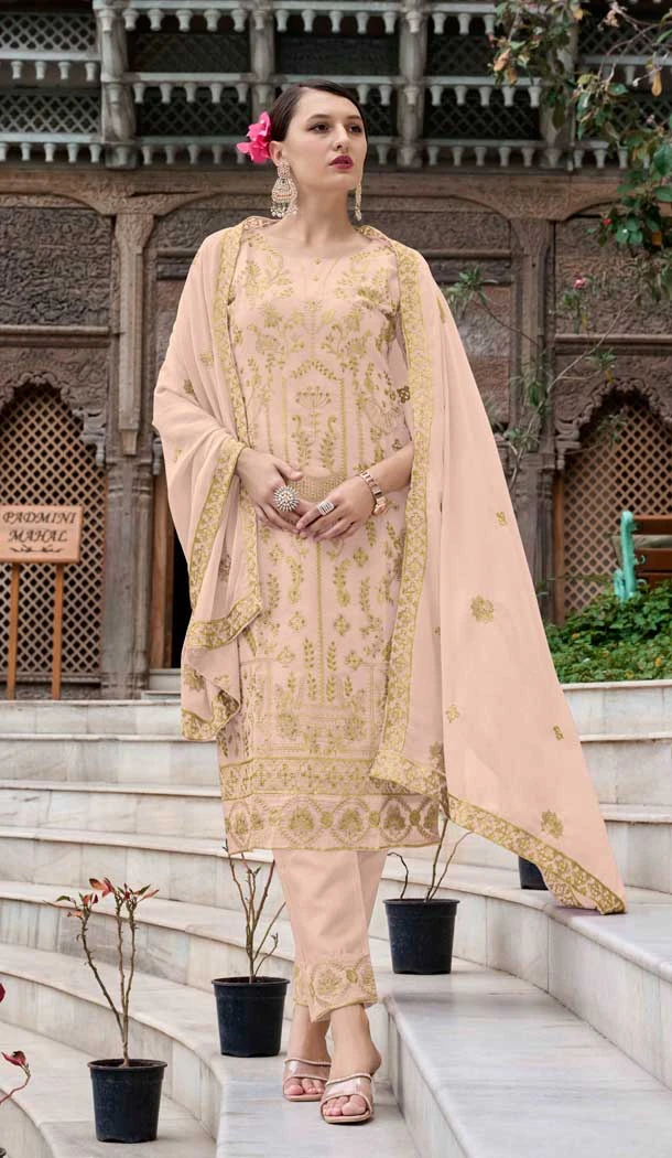 Georgette Embroidered Party Wear Salwar Suit In Peach - 11073198601