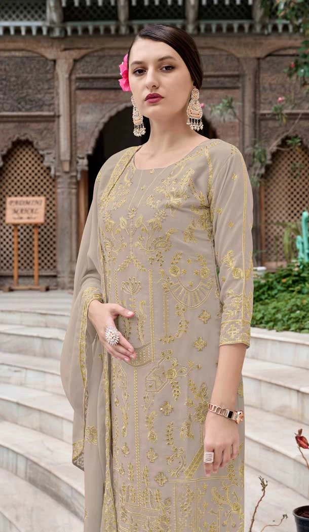 Georgette Embroidered Party Wear Salwar Suit In Beige - 11073198602