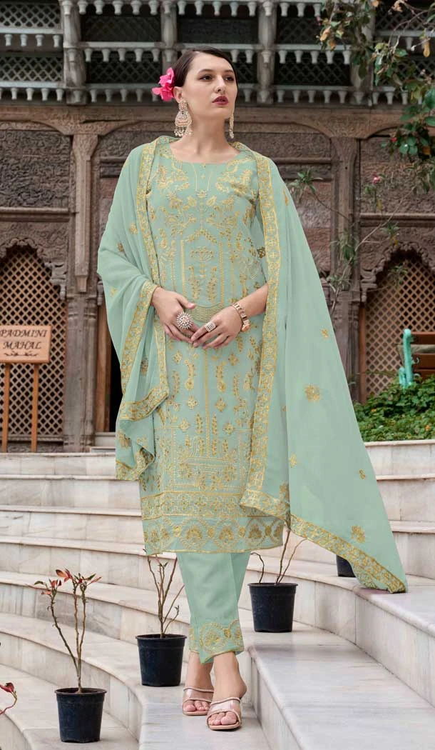 Georgette Embroidered Party Wear Salwar Suit In Sea Green - 11073198603