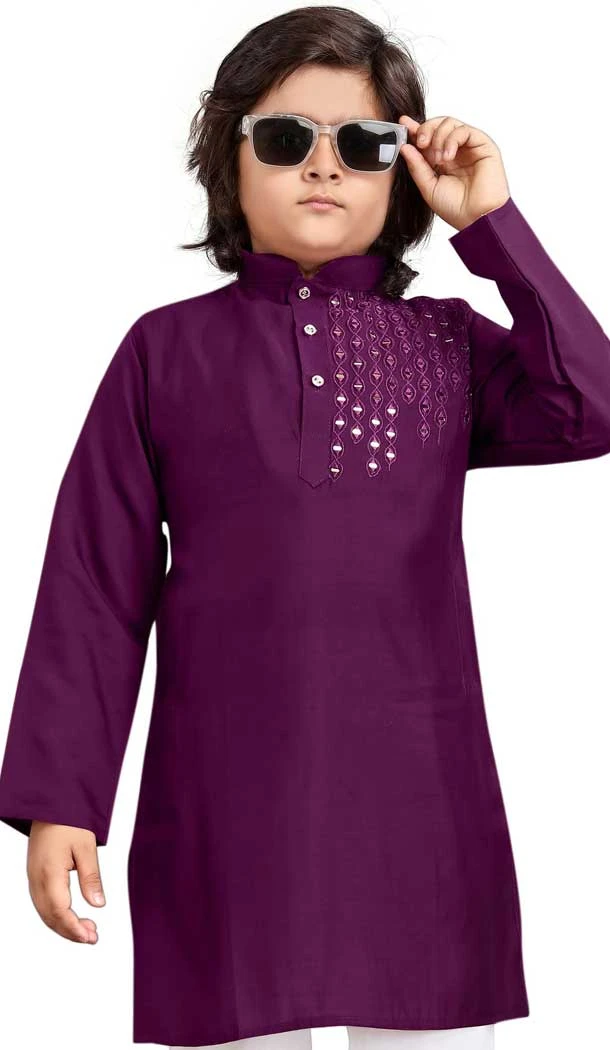 Purple Viscose Resham Work Party Wear Readymade Kids Kurta - 11076198620