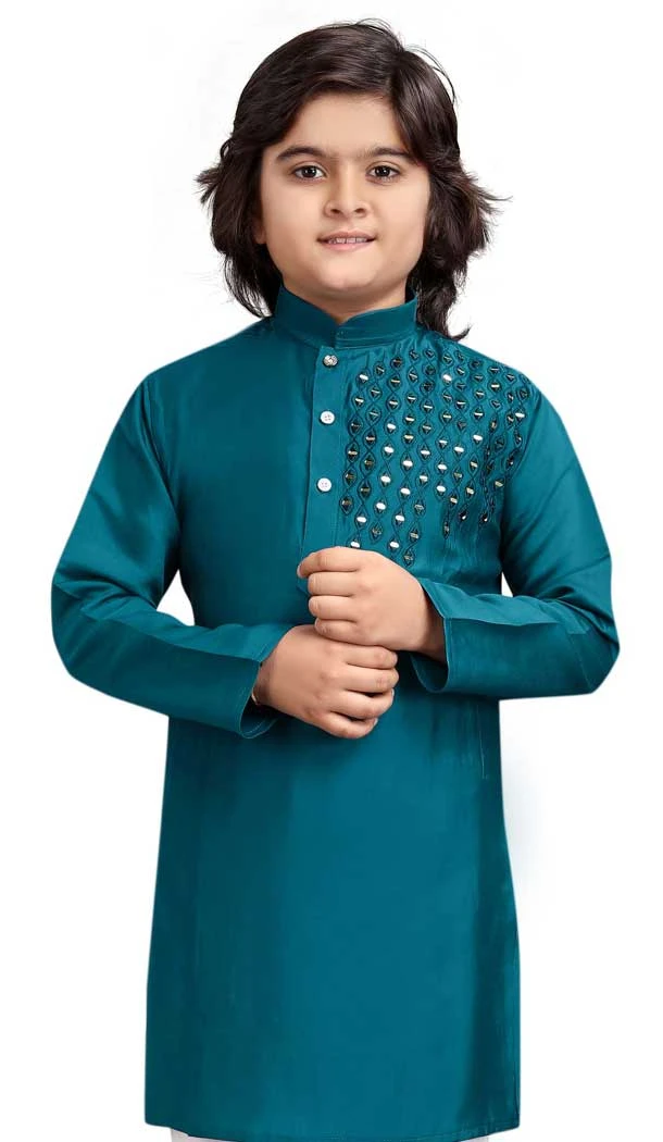 Teal Blue Viscose Resham Work Party Wear Readymade Kids Kurta - 11076198621