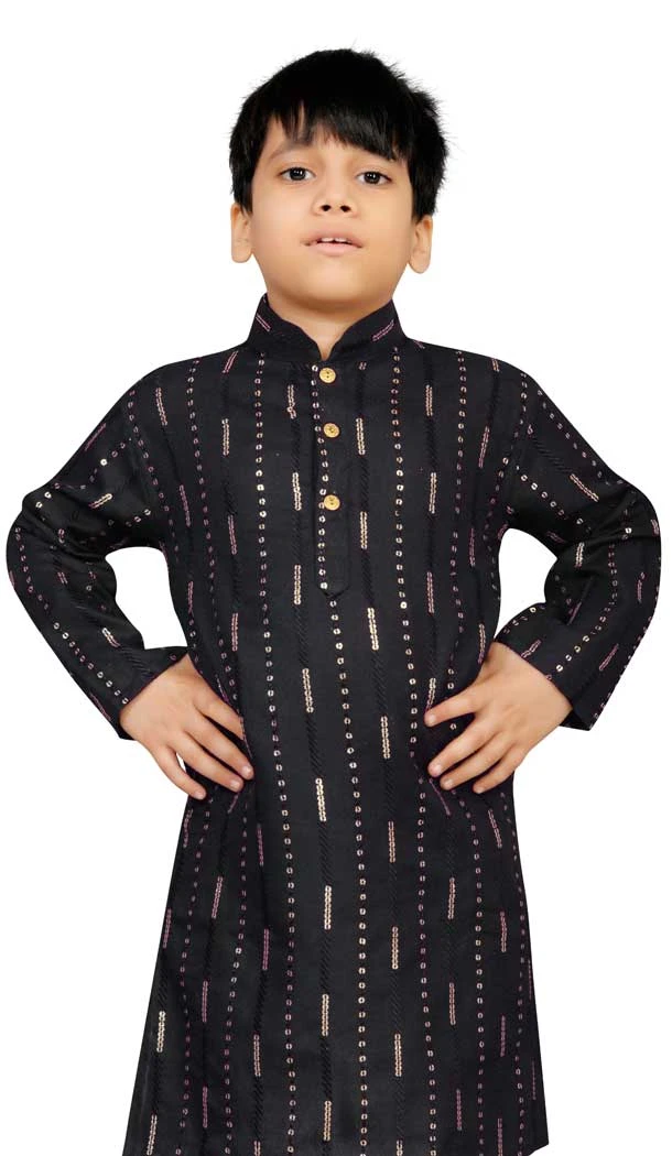 Soft Cotton Sequins Work Festival Wear Readymade Kids Kurta In Black - 11077198622