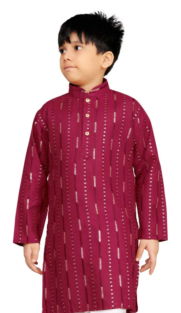 Soft Cotton Sequins Work Festival Wear Readymade Kids Kurta In Maroon - 11077198623