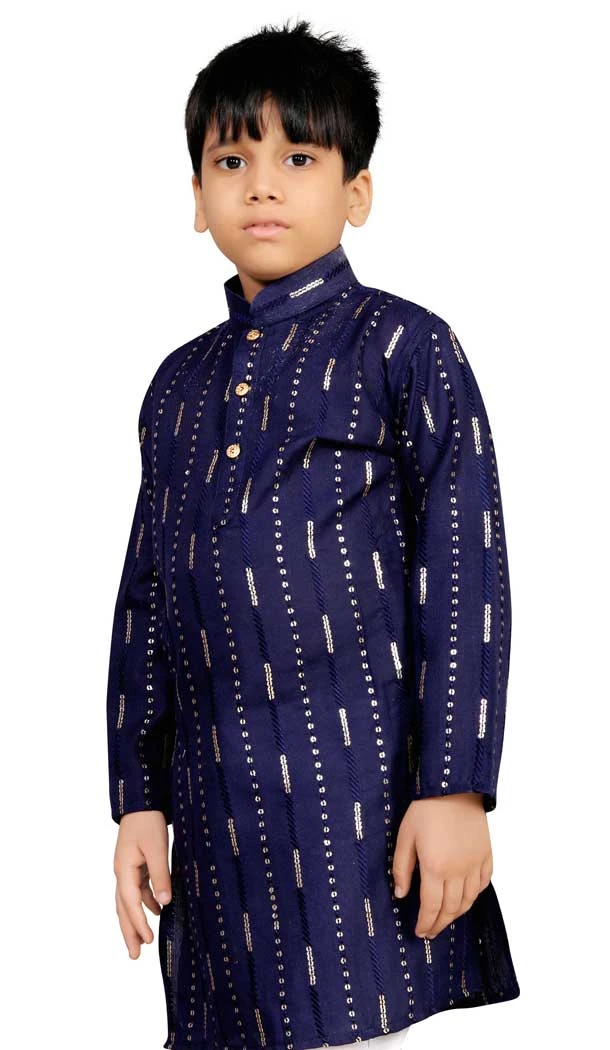 Soft Cotton Sequins Work Festival Wear Readymade Kids Kurta In Navy Blue - 11077198624