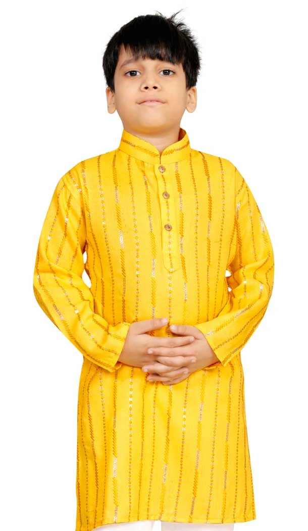 Soft Cotton Sequins Work Festival Wear Readymade Kids Kurta In Yellow - 11077198627