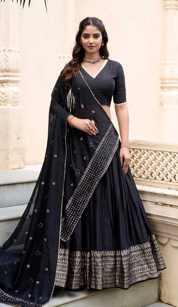 Black Chanderi Plain Traditional Party Wear Lehenga Choli - 11082198677