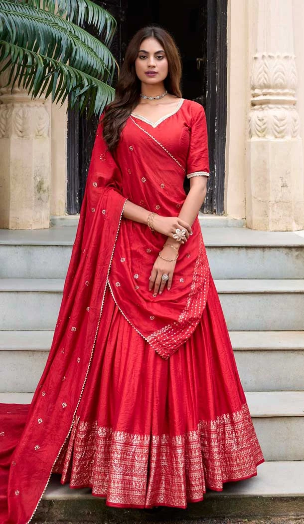 Red Chanderi Plain Traditional Party Wear Lehenga Choli - 11082198679