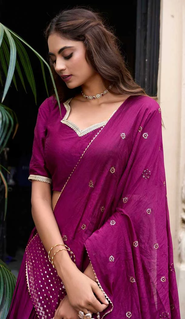 Wine Chanderi Plain Traditional Party Wear Lehenga Choli - 11082198680