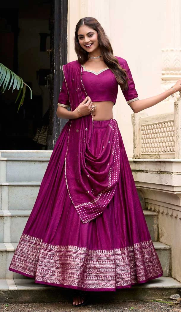 Wine Chanderi Plain Traditional Party Wear Lehenga Choli - 11082198680
