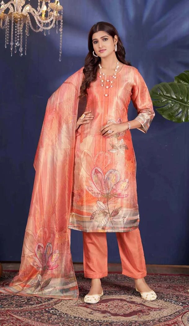 Peach Shimmer Printed Party Wear Salwar Suit - 11083198681
