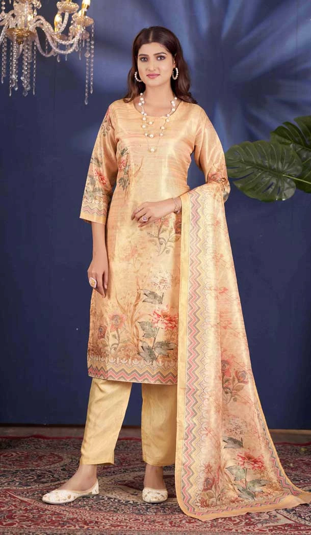 Light Yellow Shimmer Printed Party Wear Salwar Suit - 11083198684