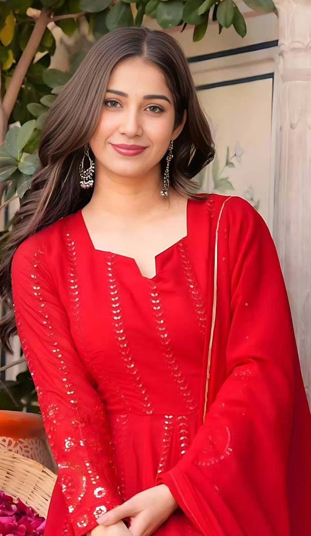 Faux Georgette Embroidered Anarkali Style Salwar Kameez In Red - 11084198685