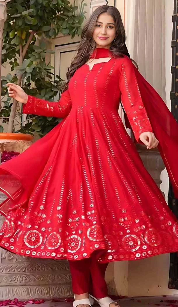 Faux Georgette Embroidered Anarkali Style Salwar Kameez In Red - 11084198685