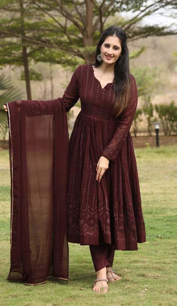 Georgette Embroidered Anarkali Style Salwar Kameez In Coffee - 11084198686