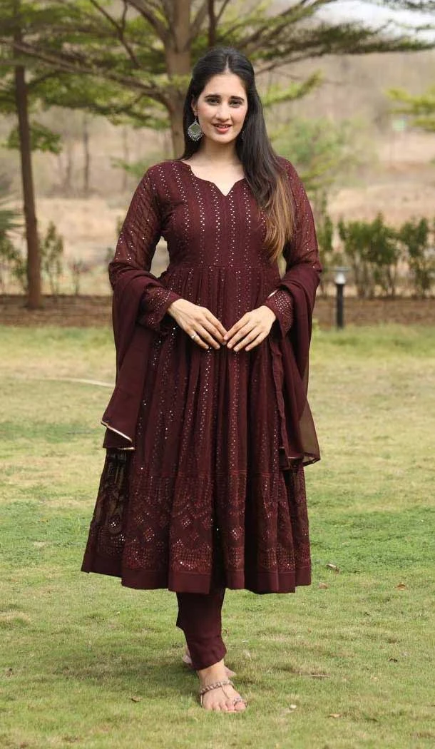 Georgette Embroidered Anarkali Style Salwar Kameez In Coffee - 11084198686