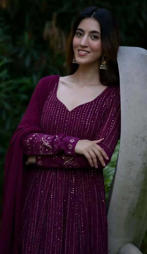 Faux Georgette Embroidered Anarkali Style Salwar Kameez In Purple - 11084198687