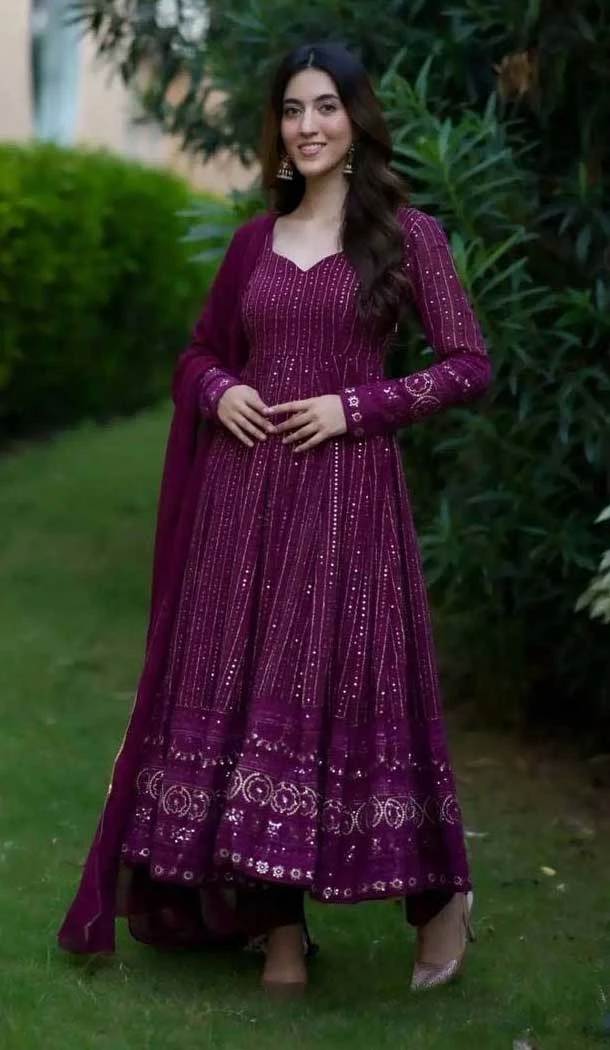 Faux Georgette Embroidered Anarkali Style Salwar Kameez In Purple - 11084198687